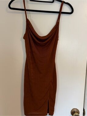 Vanilla Sky Brown Cowl Neck Mini Dress with Side Slit